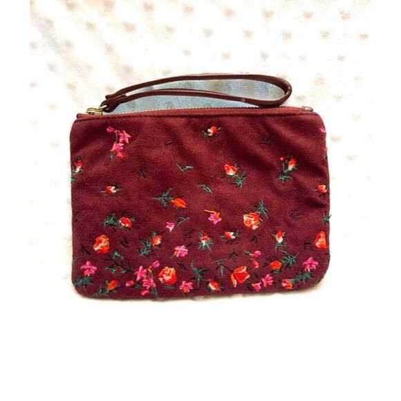 Old Navy Burgundy Embroidered Floral Faux Suede Wristlet - Picture 2 of 5